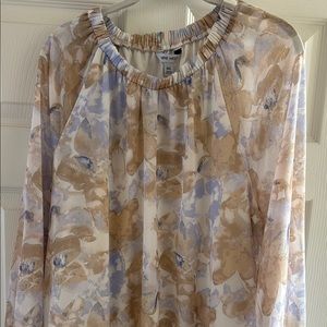 Nine West Cream and Blue Ruffled Long Sleeve Blouse